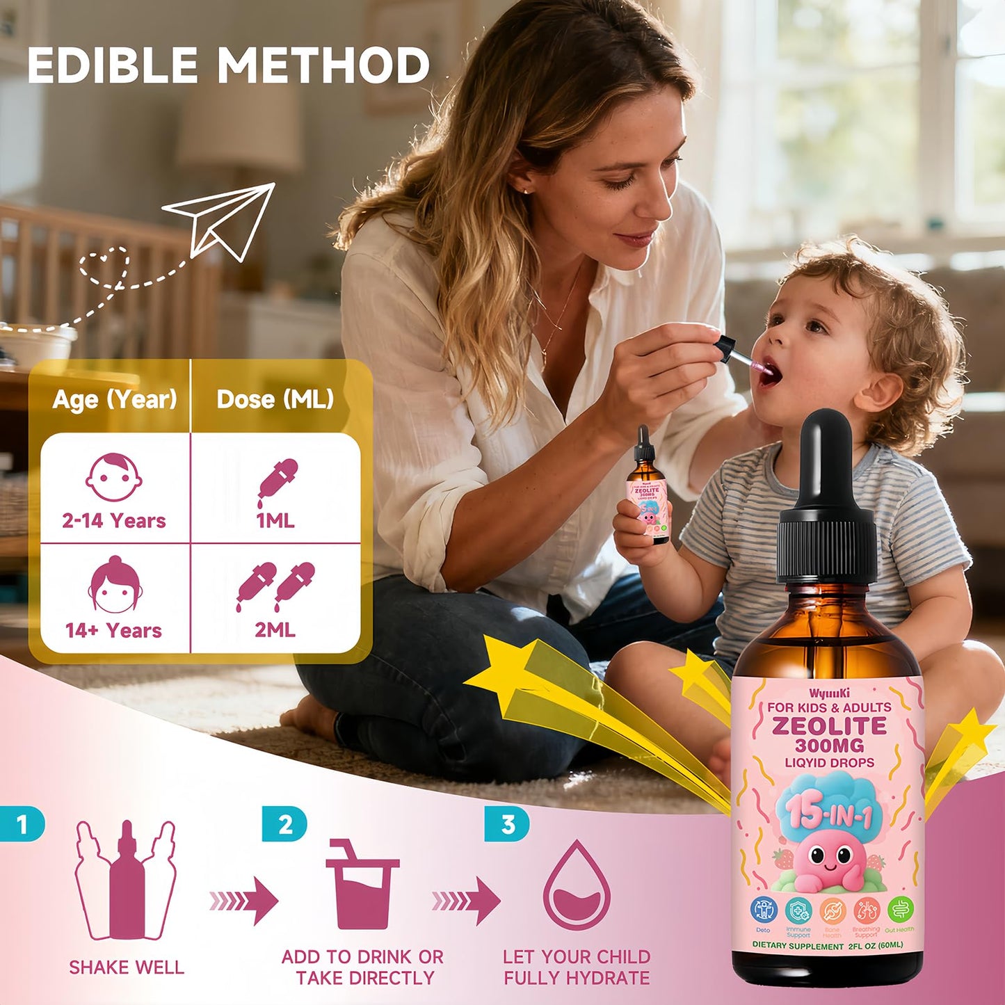 Zeolite Drops 2 Pack Detox for Kids & Adults - 300mg Clinoptilolite, 1000mcg Vitamin B12 C D3, 10 Billion CFU Prebiotics, Seaweed Calcium - Pure Body Cleanse