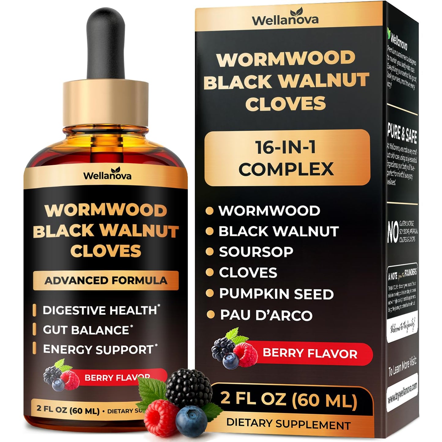 Wellanova Wormwood Black Walnut Clove Cleanse for Humans - Advanced Detox for Adults - Gut Health Supplement with Wormwood Herb, Black Walnut Hull, Clove