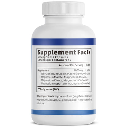 1000mg Magnesium Complex for Women & Men*, 8 Elemental with Magnesium Glycinate, Citrate, Malate, Taurate, Oxide, Carbonate, Aspartate, Orotate for Bones, Muscle