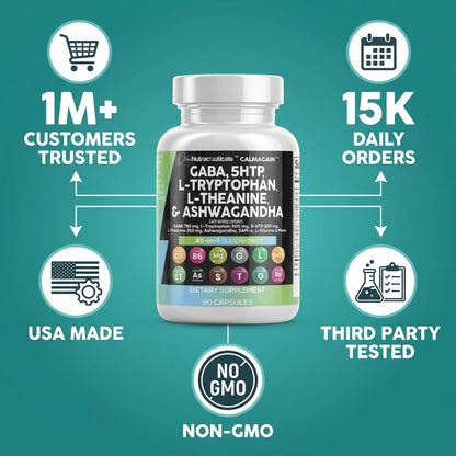 Clean Nutraceuticals GABA 750mg 5 HTP 200mg L Tryptophan 500mg L Theanine 200mg Ashwagandha SAM-e L-Glycine - Mood Support Vitamins for Women and Men with L-Tyrosine 5-HTP