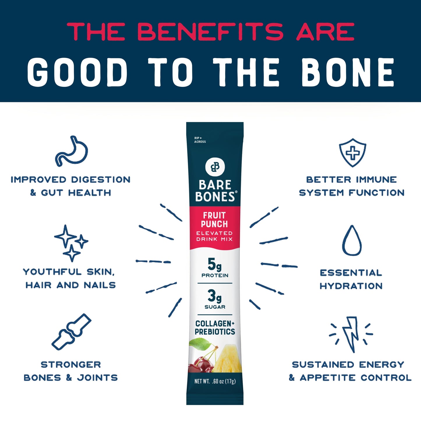 Bare Bones Fruit Punch Fruit Collagen Peptides Powder Drink Mix Packets | 5g Protein | Naturally Sweetened | Light & Flavorful | Gluten-Free On-the-Go Stick