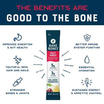 Bare Bones Fruit Punch Fruit Collagen Peptides Powder Drink Mix Packets | 5g Protein | Naturally Sweetened | Light & Flavorful | Gluten-Free On-the-Go Stick
