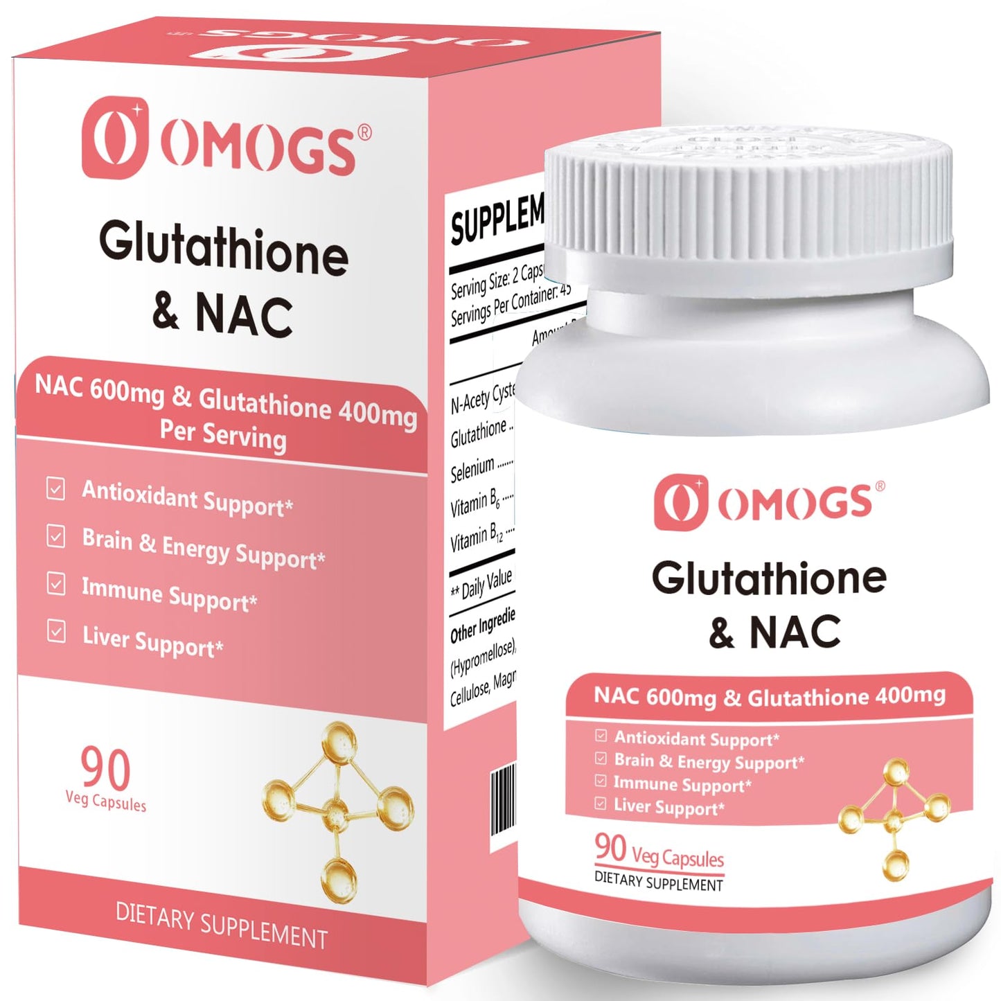OMOGS Glutathione & NAC Supplement, with vtamin B & Selenium, Supports Liver Health, Cellular, Antioxidant, Energy Production & Immune