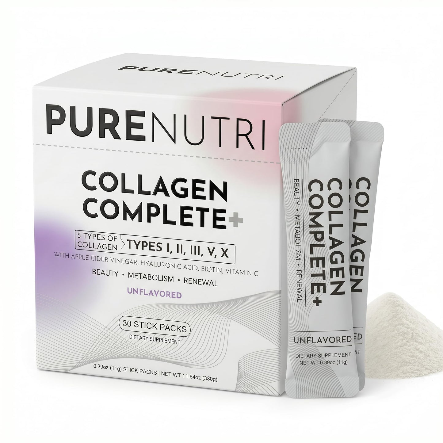 PURENUTRI Multi Collagen Peptides Powder 30 Packets Unflavored - Collagen Complete+ for Women - Beauty & Renewal - with ACV, Hyaluronic Acid