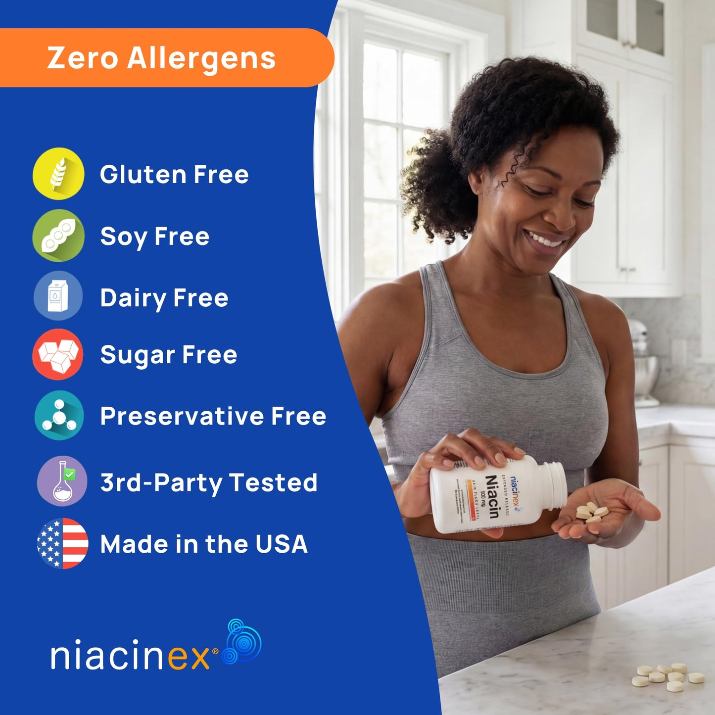 Niacinex Niacin 500mg Extended Time Release, 200 Tablets, Minimal to No-Flush, Vitamin B3 Supplement - Cholesterol Balance
