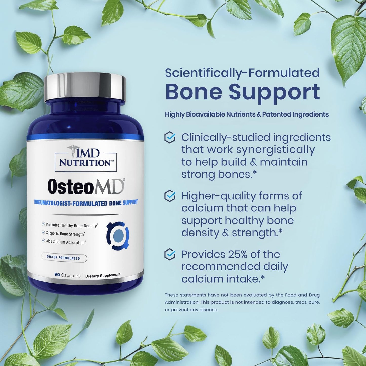 1MD Nutrition OsteoMD for Comprehensive Bone Support | with Calcium Hydroxyapatite, Vitamin D3 & K2 | 180 Capsules (2-Pack)