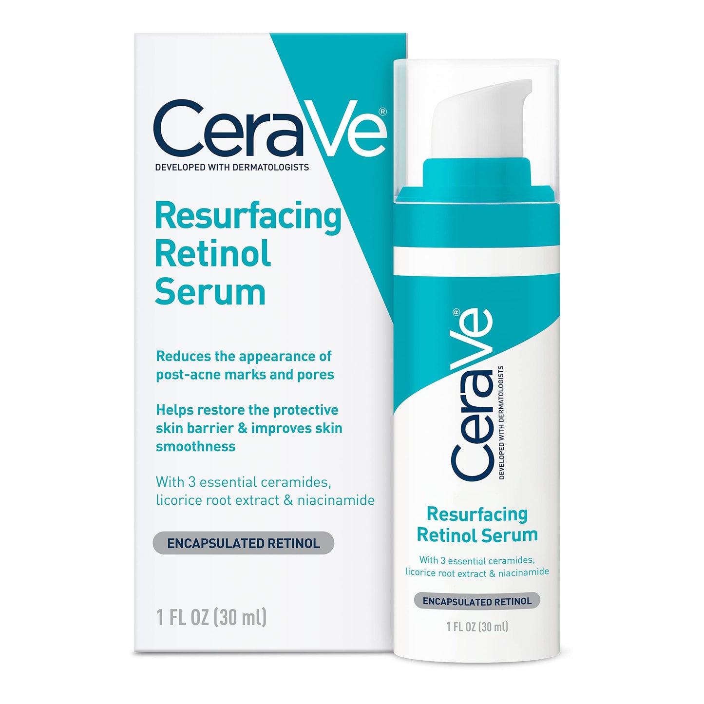CeraVe Resurfacing Retinol Serum For Post Acne Marks, Formulated With Licorice Root Extract & Niacinamide, Brightening Serum & Pore Minimizer For Face,