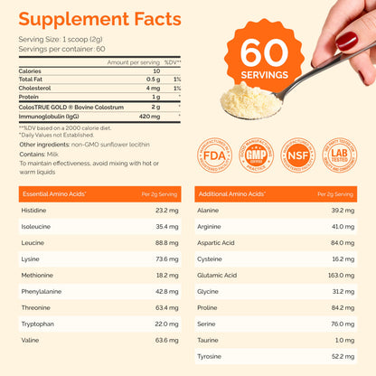 Folqs Bovine Colostrum Powder – First-Day Milking for Immune & Gut Support – 60 Servings – Supports Skin & Tissue Health – Made in USA - Amino Acids,