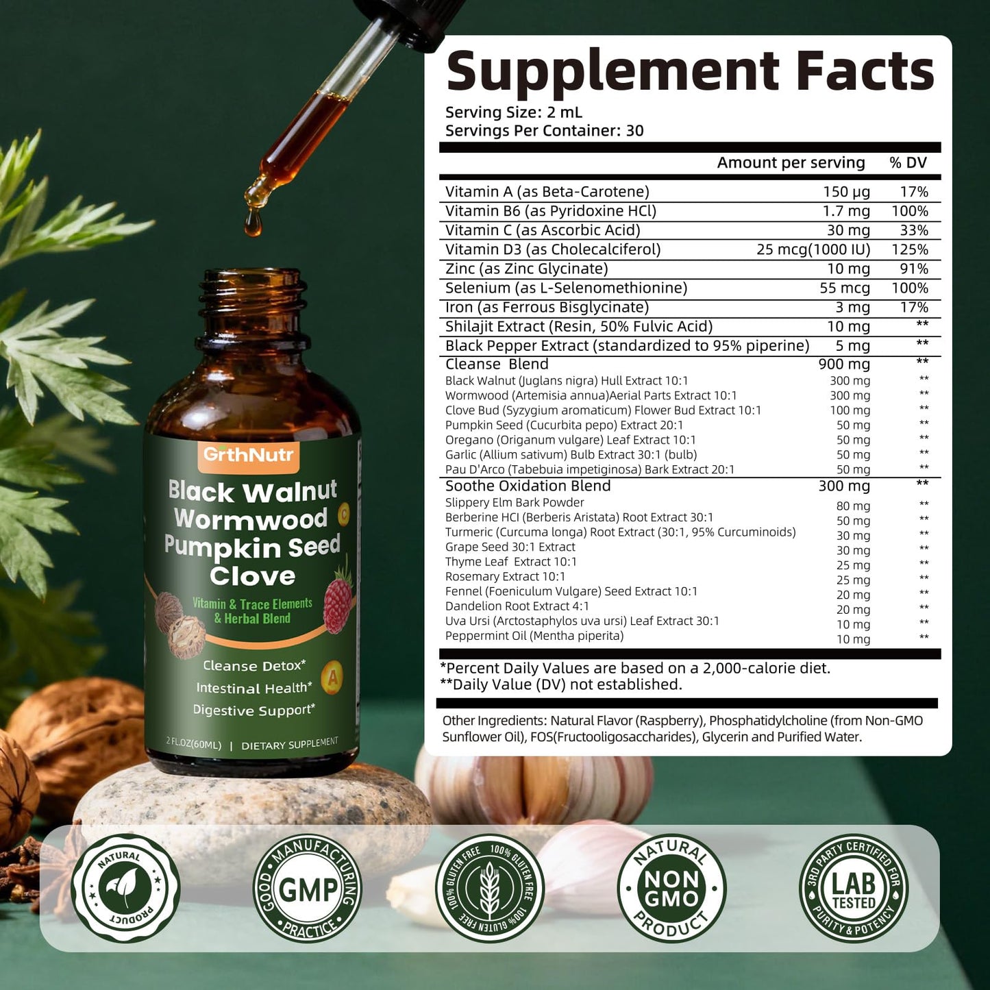 GrthNutr Black Walnut Wormwood Clove Tinture Cleanse for Humans - Gut Detox & Intestinal Health Digestive Support with Pumpkin, Oregano, Garlic Bulb