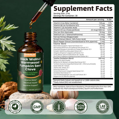 GrthNutr Black Walnut Wormwood Clove Tinture Cleanse for Humans - Gut Detox & Intestinal Health Digestive Support with Pumpkin, Oregano, Garlic Bulb