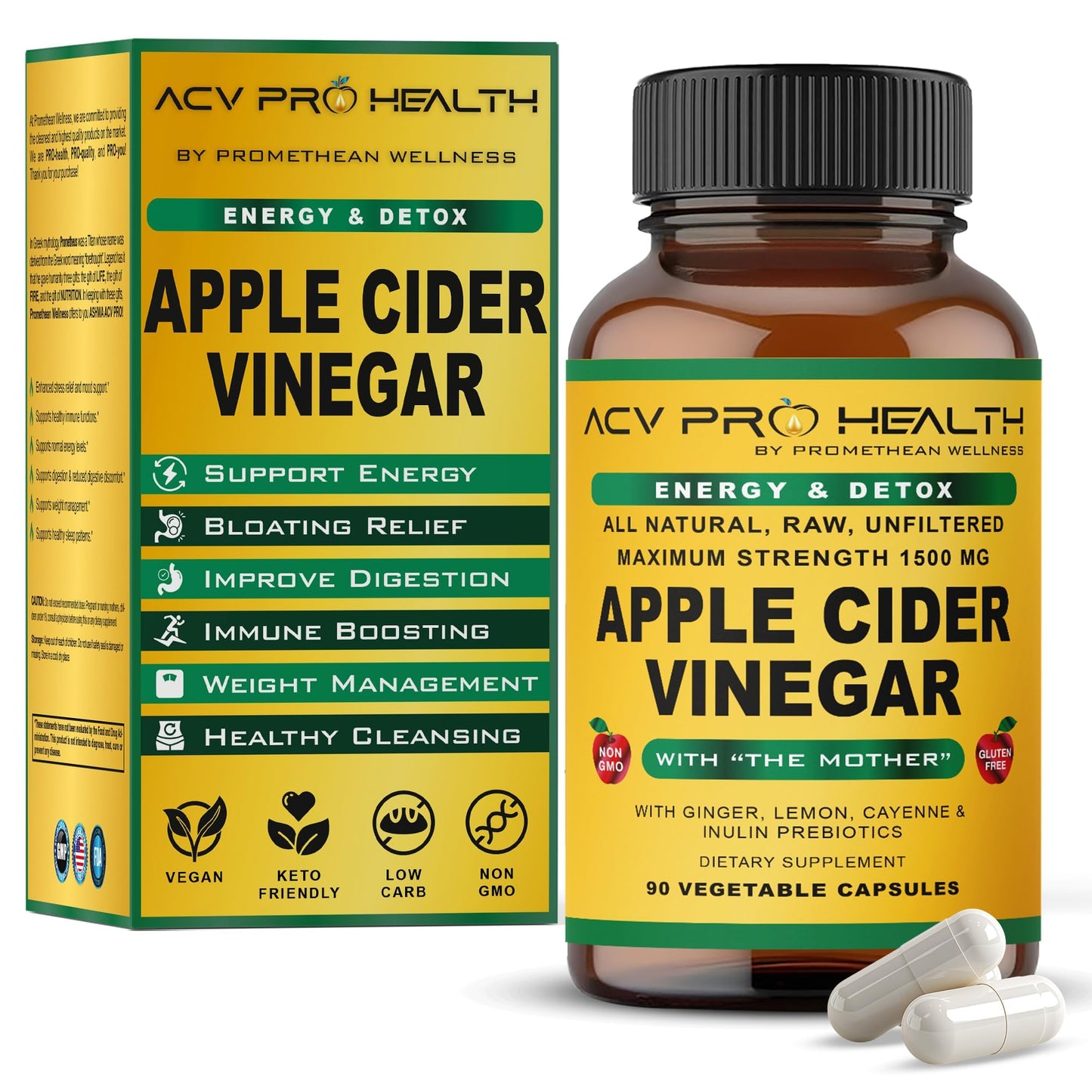 Promethean Wellness ACV Pro Apple Cider Vinegar Capsules Certified Organic with Mother ACV Pills Detox Cleanse Acid Reflux Relief Support Supplement Ginger