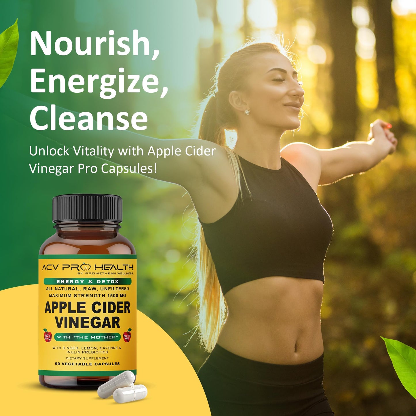 Promethean Wellness 2-PK (180 Count) ACV Pro Apple Cider Vinegar Capsules Certified Organic with Mother ACV Pills Detox Cleanse Acid Reflux Relief Support Supplement