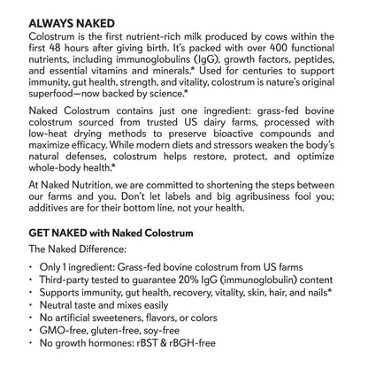 NAKED Colostrum Powder – 100% Grass-Fed Bovine Colostrum Supplement from US Farms | Tested at 20%+ IgG | Gut Health, Immunit