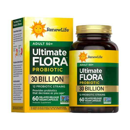 Renew Life Probiotic Adult 50 Plus Probiotic Capsules, Daily Supplement Supports Urinary, Digestive and Immune Health, L. Rhamnosus GG, Dairy