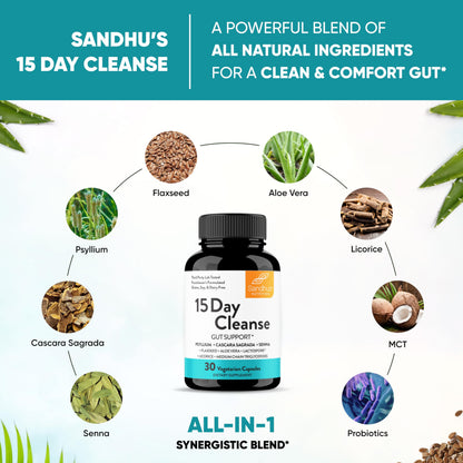 Sandhu's 15 Day Gut Cleanse Colon Detox for Women & Men| Supports Colon Cleansing & Digestive Health| Senna, Cascara Sagrada, Psyllium Husk & Probiotics