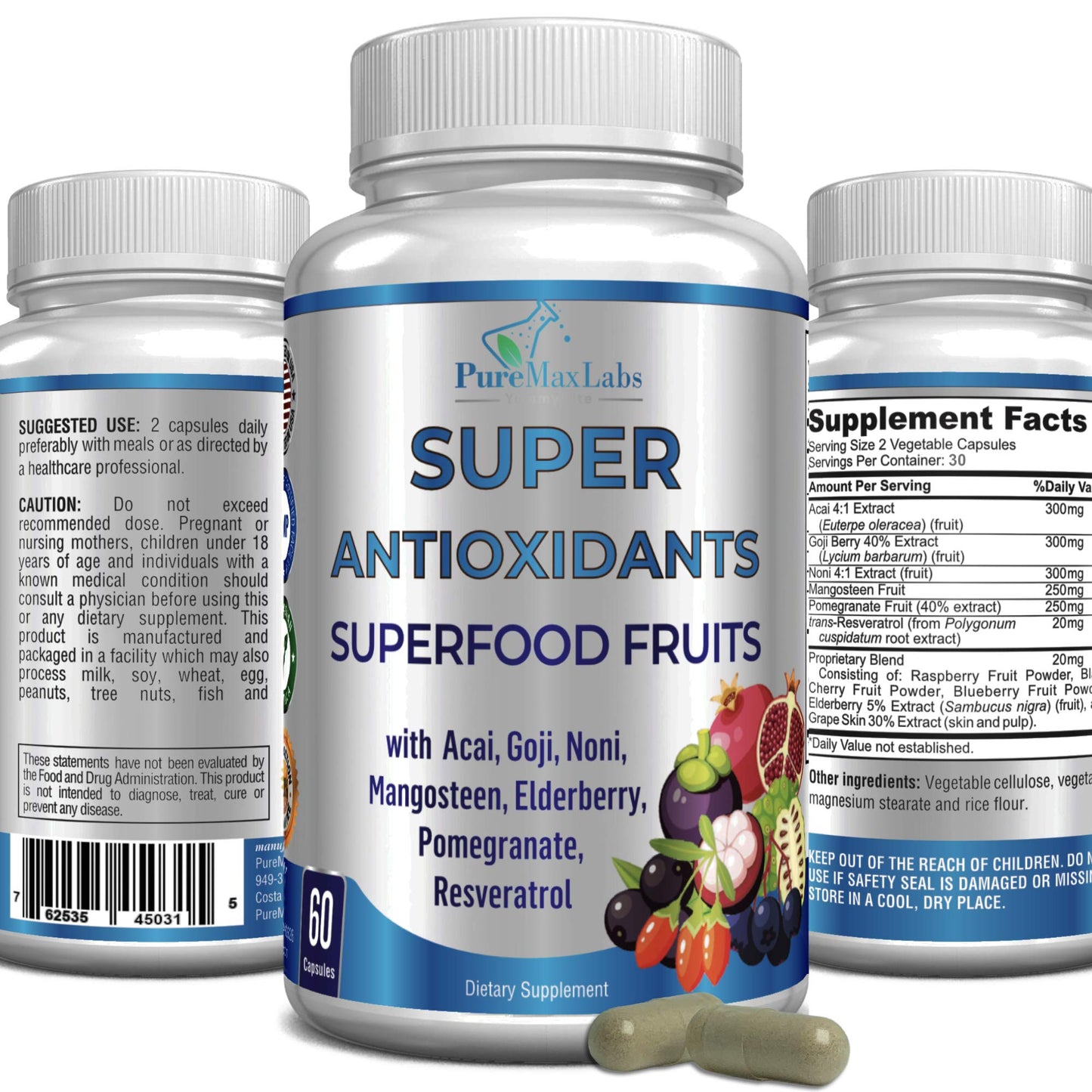 Super Antioxidant Fruit Superfood Complex - Powerful Antioxidant Superfruits, Acai, Goji, Noni, Mangosteen, Pomegranate, Elderberry, Resveratrol,