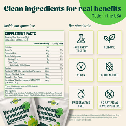 BoochBod - Probiotic Kombucha Gummy - Prebiotics, Probiotics, Postbiotics, Fiber Supplement, Slippery Elm, Dandelion Root, for Bloating, Gut Health