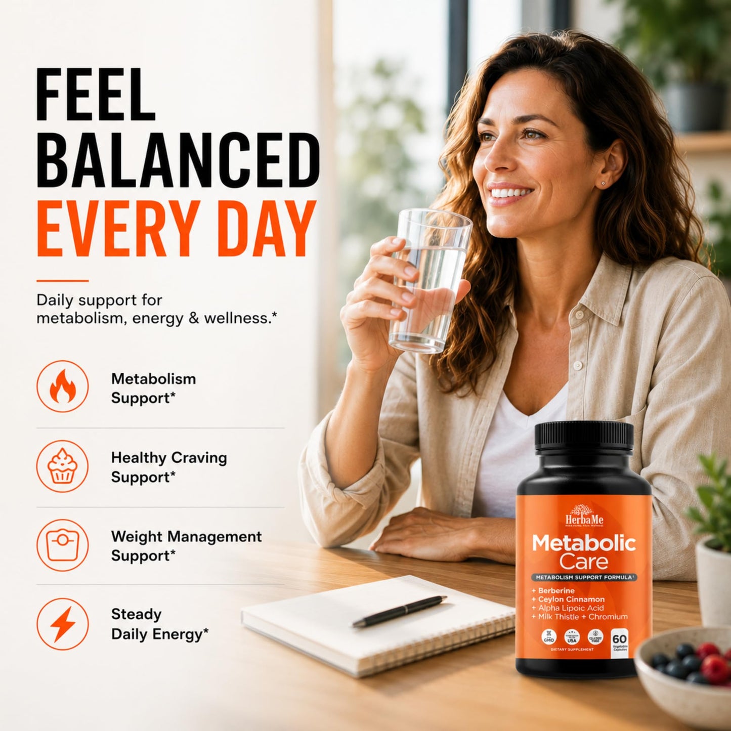 HerbaMe Berberine Supplement with Ceylon Cinnamon, Chromium, Alpha Lipoic Acid, Metabolic Care Supports Metabolism & Cardiovascular Health and Immune System