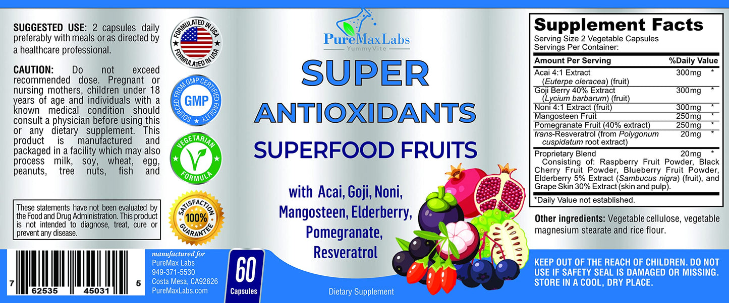 Super Antioxidant Fruit Superfood Complex - Powerful Antioxidant Superfruits, Acai, Goji, Noni, Mangosteen, Pomegranate, Elderberry, Resveratrol,