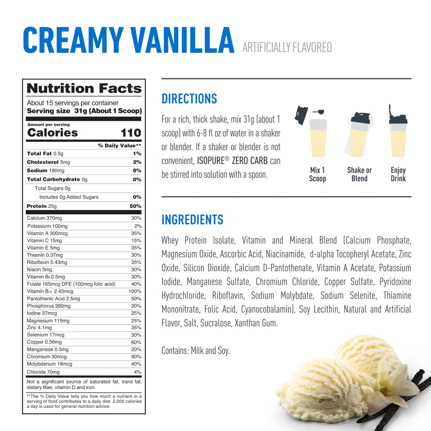 Isopure Zero Carb 100% Pure Whey Isolate Protein Powder, Lactose Free, Gluten Free, with Vitamins, Creamy Vanilla, 25g Protein Per Serving, 1 Lb,