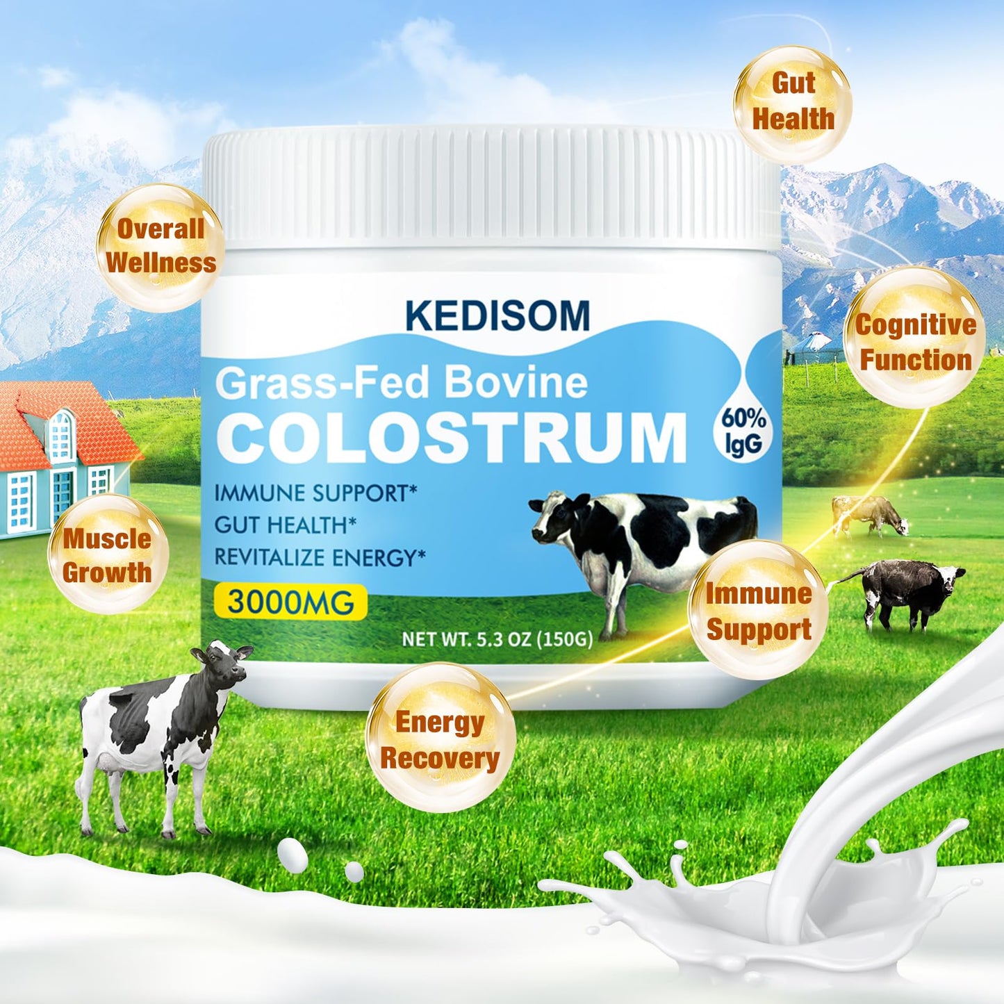 KEDISOM Grass-Fed Bovine Colostrum Supplement Powder - 60% High IgG 3000 mg for Gut Health, Immune Support - Easy to Mix Natural Liposomal