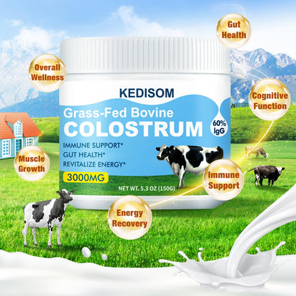 KEDISOM Grass-Fed Bovine Colostrum Supplement Powder - 60% High IgG 3000 mg for Gut Health, Immune Support - Easy to Mix Natural Liposomal