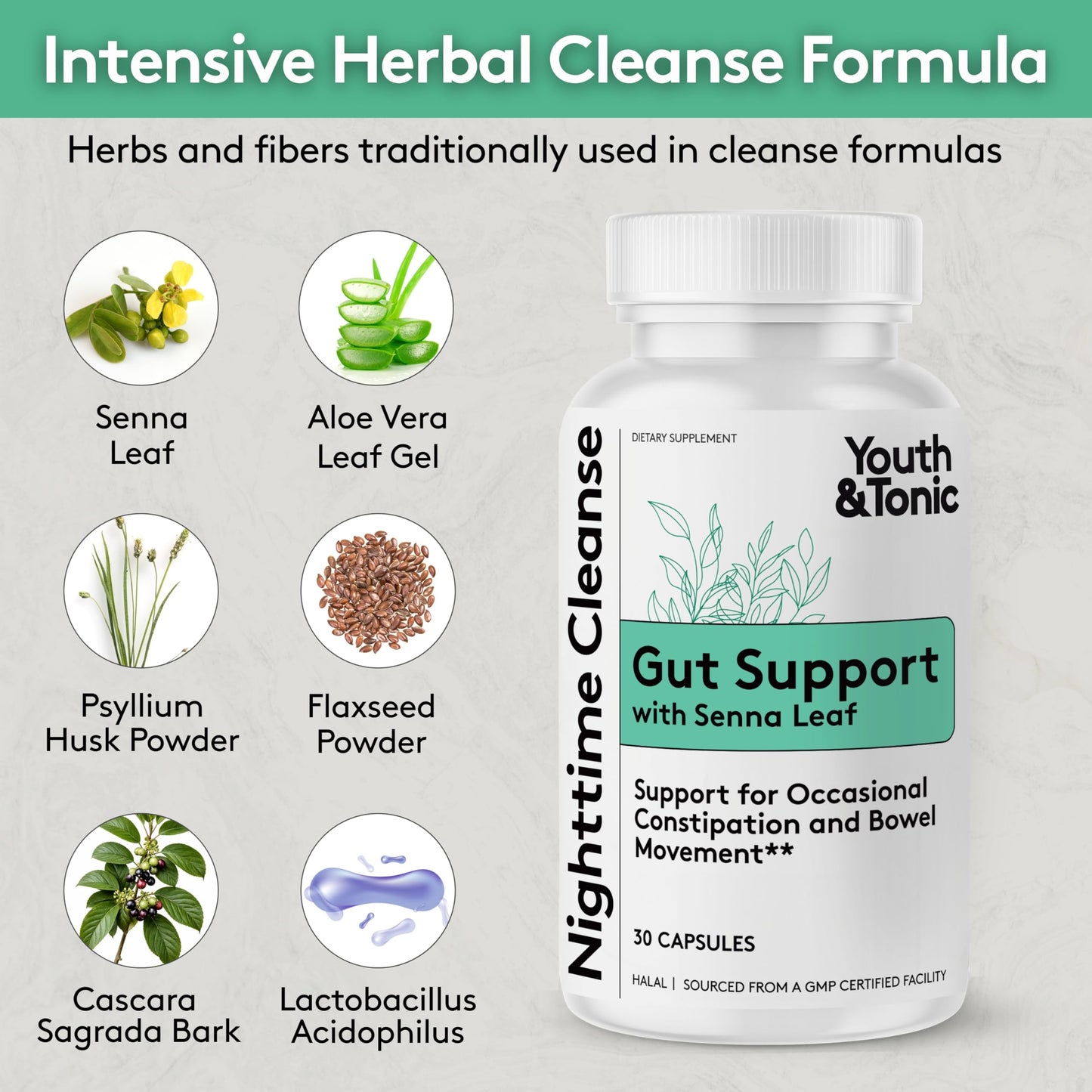 Youth & Tonic Overnight Intestinal Cleanse Supplement for Occasional Constipation Relief, Gut & Colon Cleanse Detox with Senna Leaf, Psyllium Husk Powder