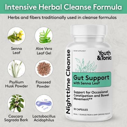 Youth & Tonic Overnight Intestinal Cleanse Supplement for Occasional Constipation Relief, Gut & Colon Cleanse Detox with Senna Leaf, Psyllium Husk Powder