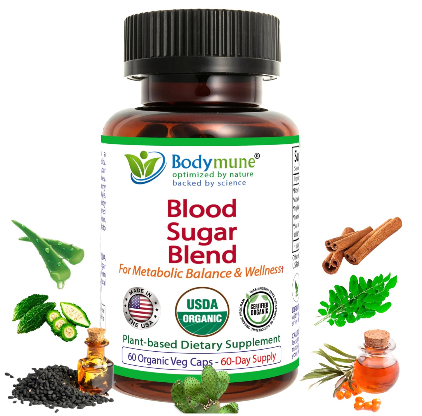 Bodymune Blood Sugar Blend – Organic Blood Sugar Support Supplement – with Bitter Melon Capsules, Moringa, & Black Seed Oil – 66 Capsules