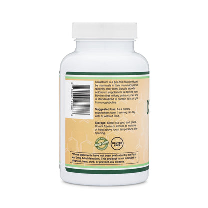 Colostrum Supplement 120 Capsules, 1,000mg per Serving (Bovine Colostrum Powder from First Milking Only, Std. to Contain 15% IgG Immunoglobulins) No Fillers