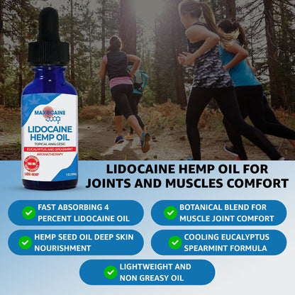 MAXOCAINE Lidocaine Hemp Oil 4% - Maximum Strength Topical Pain Relief, Fast Acting Soothing Oil for Muscle, Joint, Back & Arthritis Support, Cooling Eucalyptus & Spearmint, 1 oz (30 ml) MAXOCAINEBuy Supplements Australia