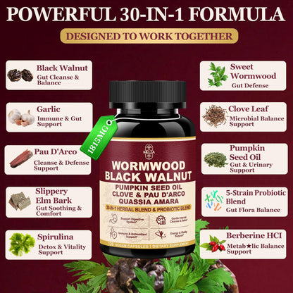 30-in-1 Liposomal Wormwood Black Walnut Clove Cleanse for Humans Capsules – Gut Cleanse & Digestive Support with Clove, Pumpkin Seed Oil, Garlic, Quassia Amara