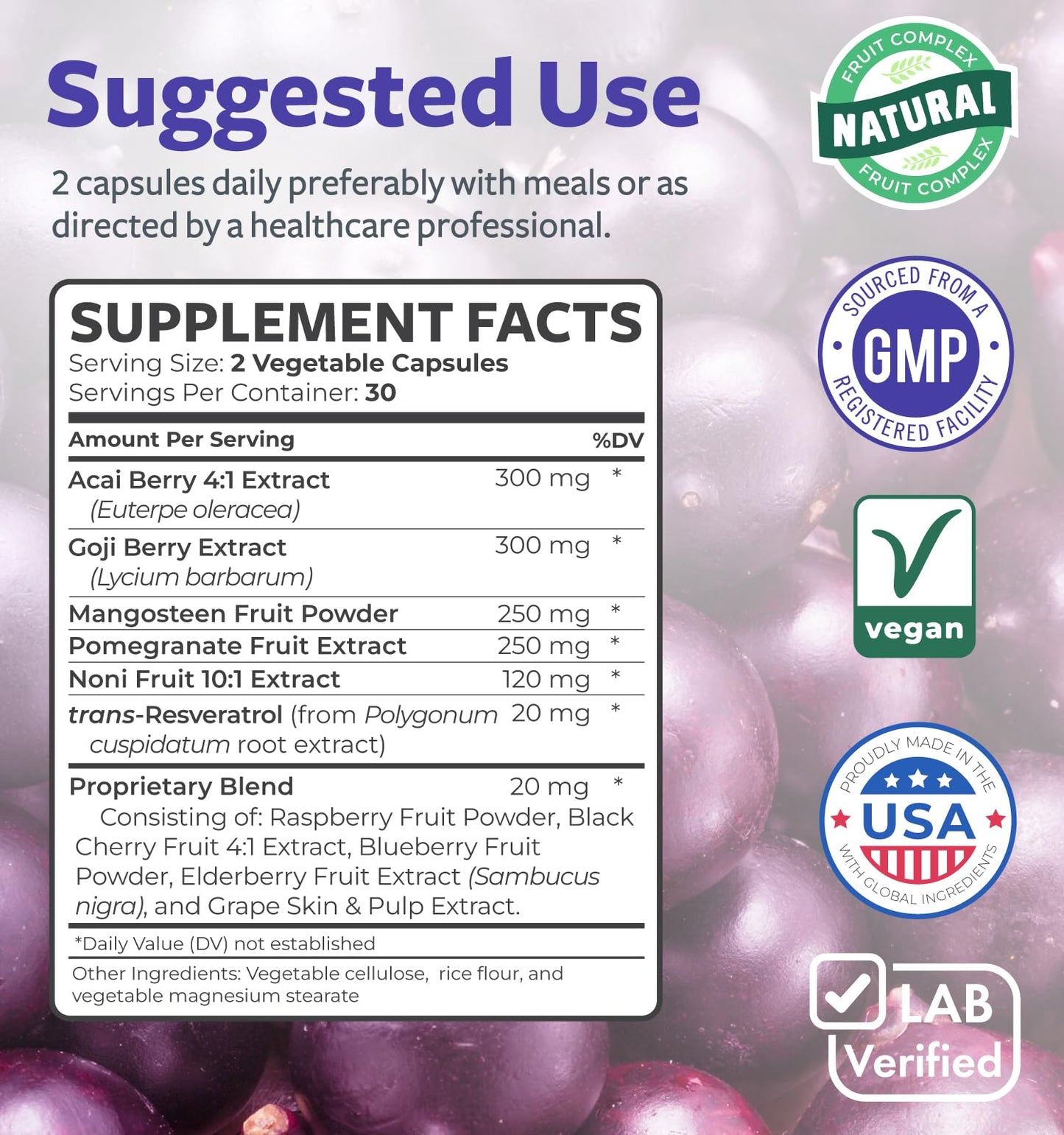 Super Antioxidants Supplement for Women & Men - High Potency Herbal & Fruit Blend with Acai, Goji, Pomegranate, Elderberry & Resveratrol for Skin Care & Immune Support
