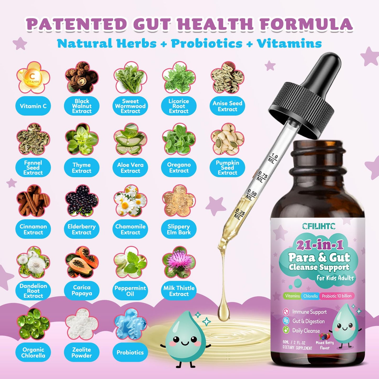 21 in 1 Parasite Cleanse for Humans & Kids, Herbal Gut Cleanse & Detox Support, Wormwood Black Walnut Pumpkin Seed, Probiotics 10 Billion CFU, Digestive