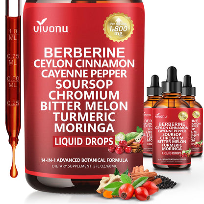 14-in-1 with Ceylon Cinnamon Supplement Liquid Drops, 1800mg + 30:1 Liposomal Tech with Cayenne Pepper, Soursop, Chromium, Bitter Melon,