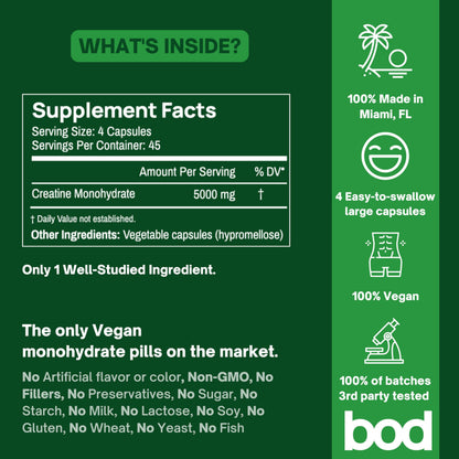 Bod Creatine Monohydrate Capsules – 45 Servings (4 Capsules = 5 g) – Ultra-Pure 200 Mesh Creatine Monohydrate – Strength