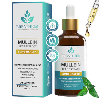 BREATHIUM 4-in-1 Mullein Drops for Lungs & Gut Health – Liposomal Mullein Leaf Extract, Made in USA, Natural Lung Detox for Smokers + Immune, Digestive