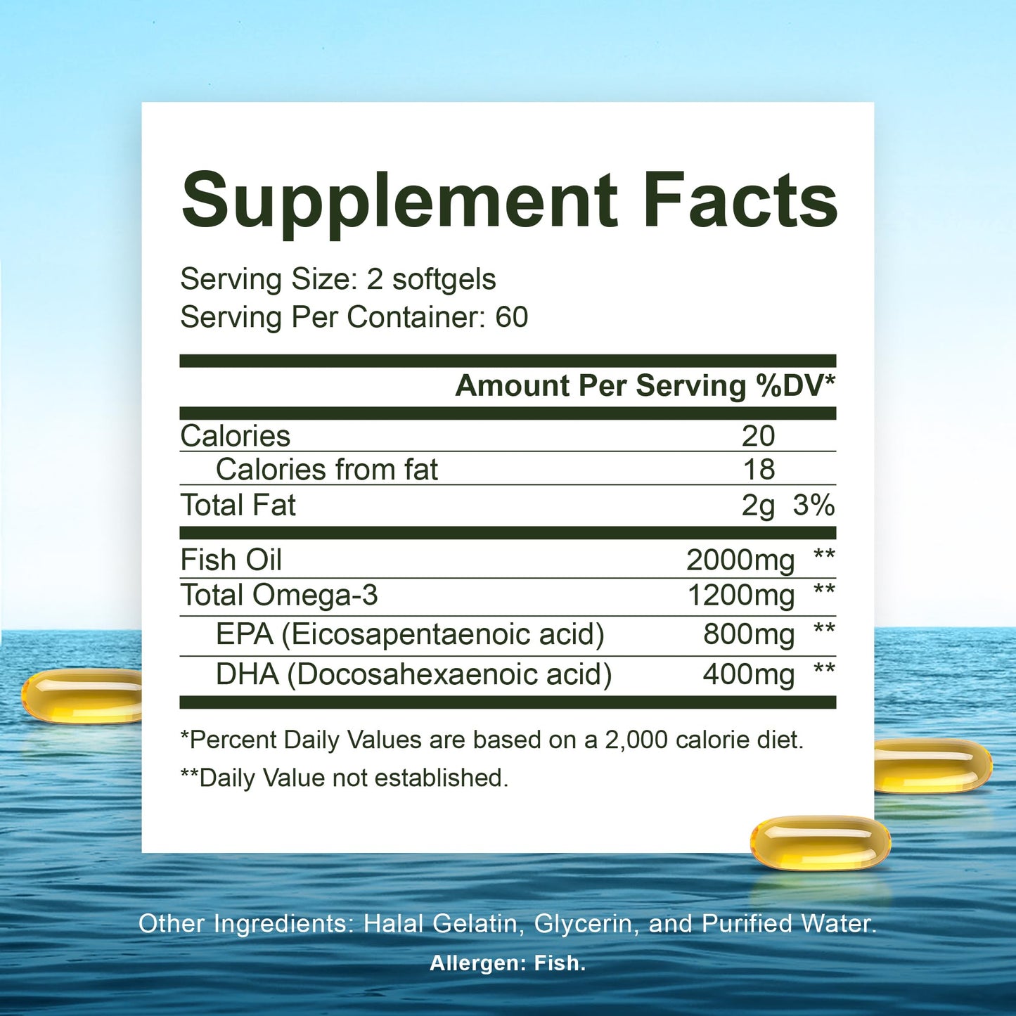 Noor Vitamins Halal Fish Oil, Halal Vitamins, Ultra Omega 3 Wild Peruvian Fish (800 mg EPA & 400 mg DHA) Heart