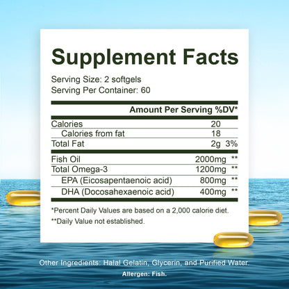 Noor Vitamins Halal Fish Oil, Halal Vitamins, Ultra Omega 3 Wild Peruvian Fish (800 mg EPA & 400 mg DHA) Heart