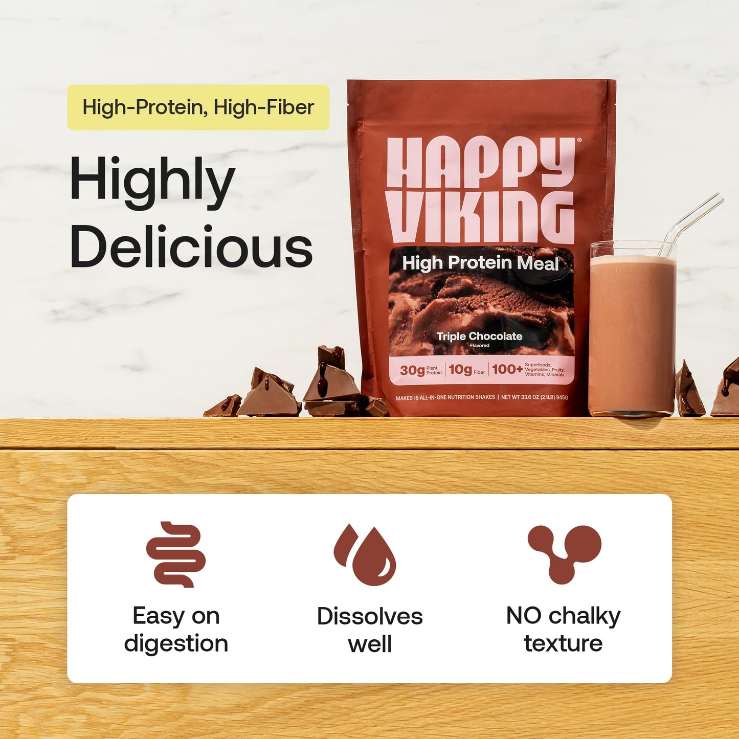 Happy Viking Plant-Based Protein Powder +100 Superfoods Chocolate Meal Replacement Shake, Created by Venus Williams, 30g Plant Protein, 10g Fiber, Vegan, Gluten-Free, Non-GMO,15 Meals