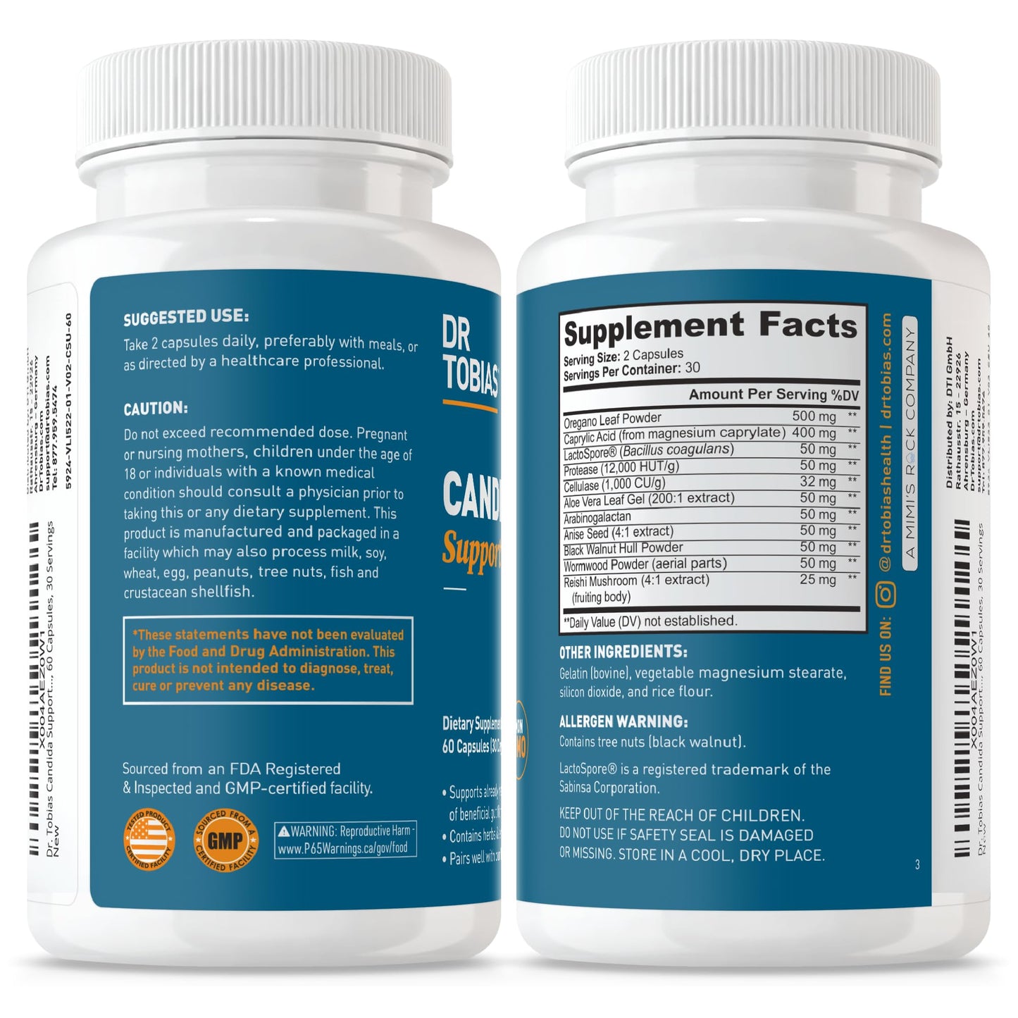 Dr. Tobias Candida Support, Gut Flora Balance Complex with Oregano, Caprylic Acid, Enzymes & Probiotics, Support Intestinal Detox Cleanse & Gut Healt