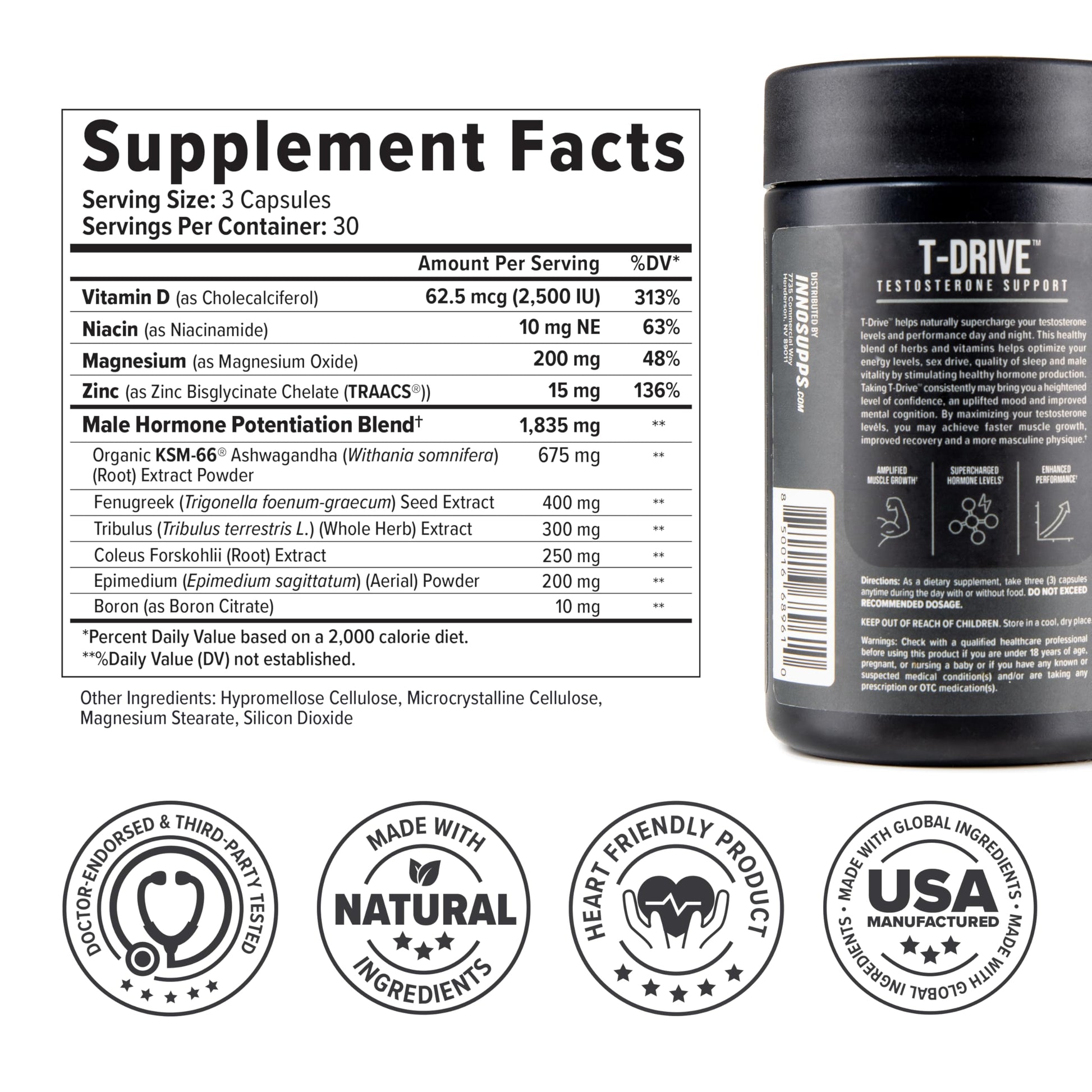 InnoSupps T-Drive Testosterone Booster Enhance Performance Amplify Muscle Growth, Increase Libido & Energy Levels w/KSM-66 Ashwagandha, Magnesium, Vitamin D, Niacin Boron, Fenugreek, 90 Caps, 30 Days InnoSuppsBuy Supplements Australia