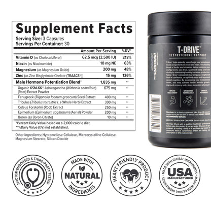 InnoSupps T-Drive Testosterone Booster Enhance Performance Amplify Muscle Growth, Increase Libido & Energy Levels w/KSM-66 Ashwagandha, Magnesium, Vitamin D, Niacin Boron, Fenugreek, 90 Caps, 30 Days InnoSuppsBuy Supplements Australia