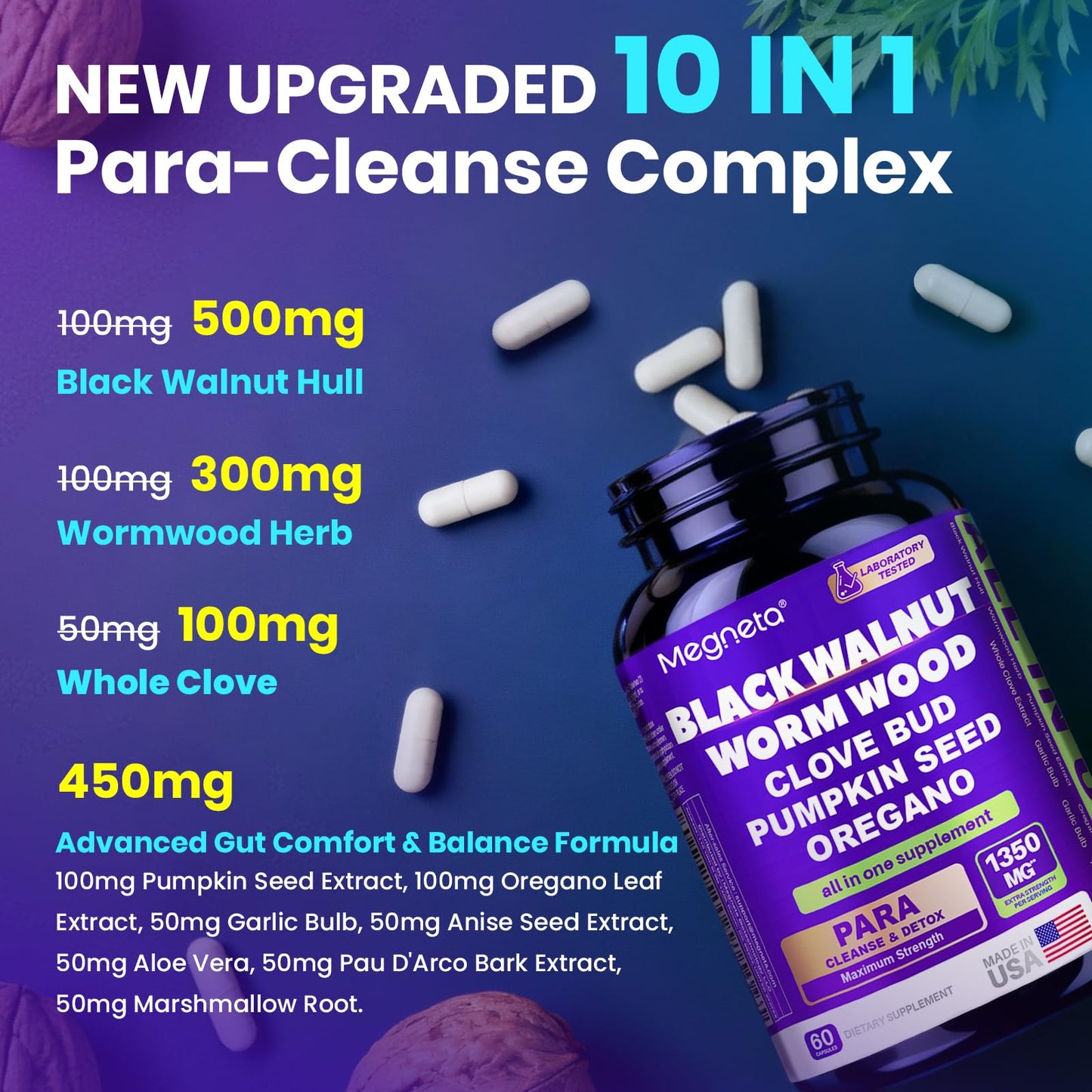 MEGNETA Wormwood Black Walnut Clove Cleanse for Humans, Intestinal Cleanse & Gut Detox with Pumpkin Seed & Oregano
