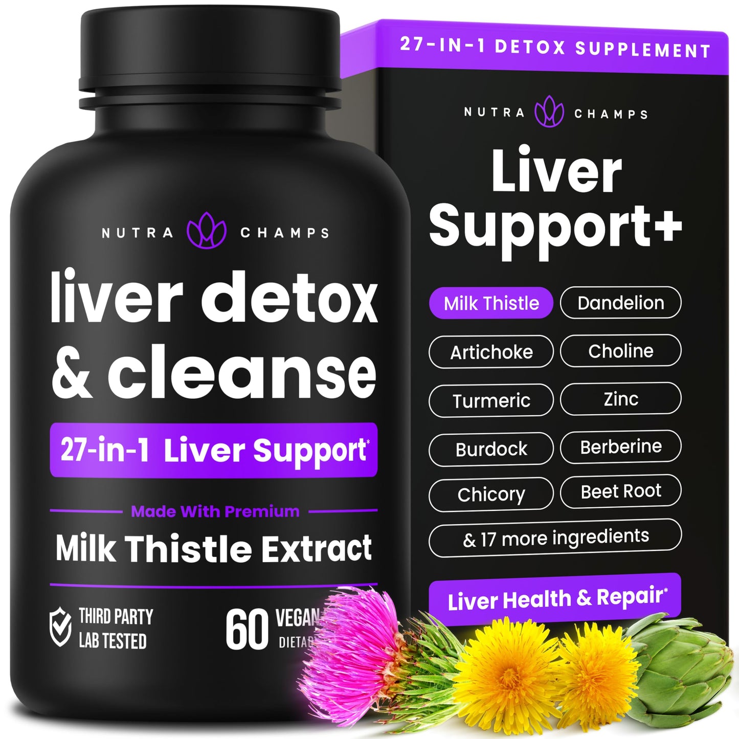 NutraChamps Liver Cleanse Detox & Repair Formula, 20+ Herbs: Milk Thistle Extract with Silymarin, Artichoke, Dandelion, Chicory Root Powder,