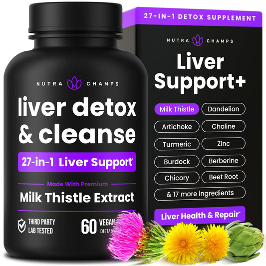NutraChamps Liver Cleanse Detox & Repair Formula, 20+ Herbs: Milk Thistle Extract with Silymarin, Artichoke, Dandelion, Chicory Root Powder,
