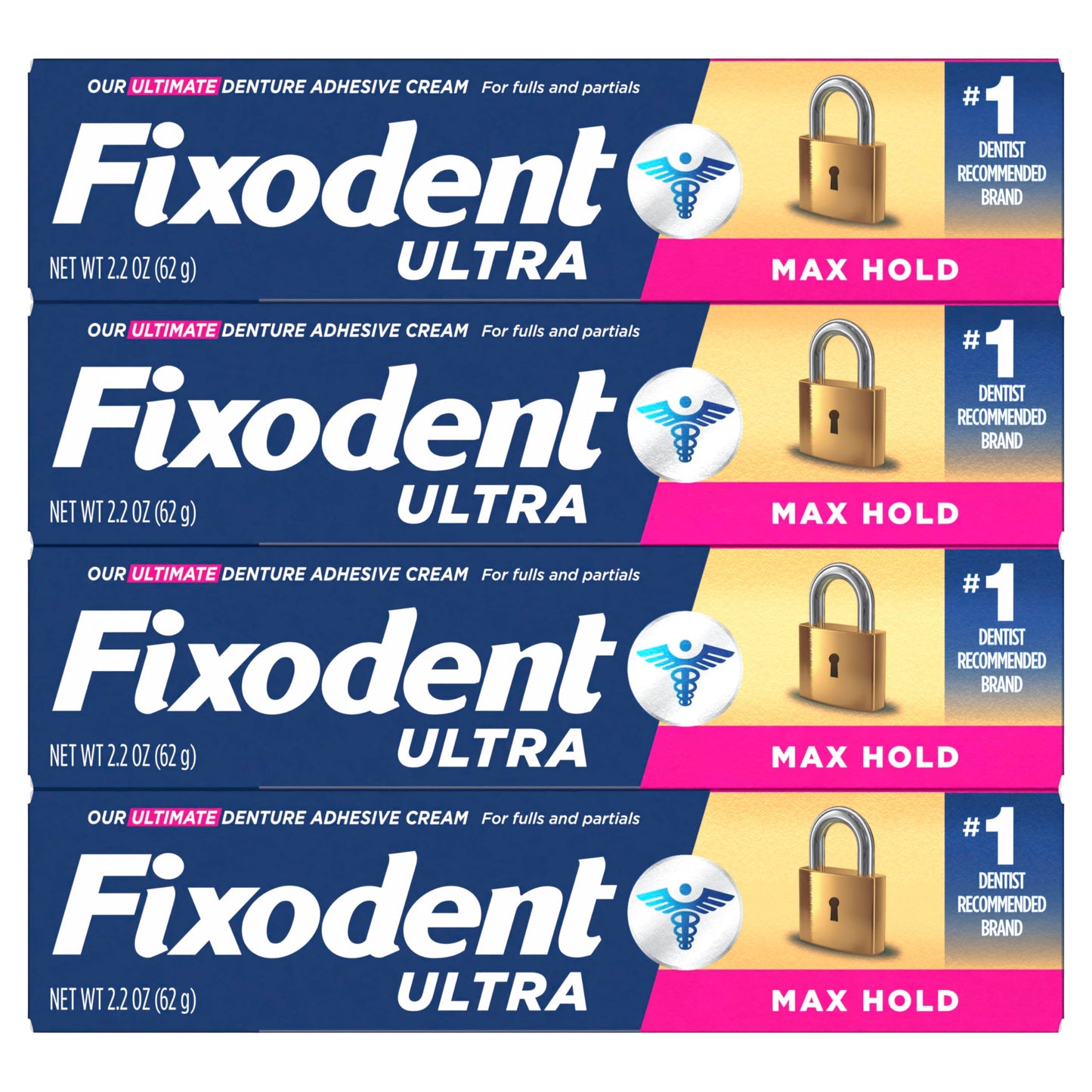 Fixodent Ultra Max Hold Denture Adhesive Cream, 2.2 oz (4-Pack) – Strong False Teeth Glue and Secure Dental Adhesive for Full
