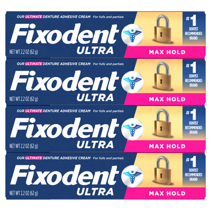 Fixodent Ultra Max Hold Denture Adhesive Cream, 2.2 oz (4-Pack) – Strong False Teeth Glue and Secure Dental Adhesive for Full