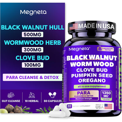MEGNETA Wormwood Black Walnut Clove Cleanse for Humans, Intestinal Cleanse & Gut Detox with Pumpkin Seed & Oregano