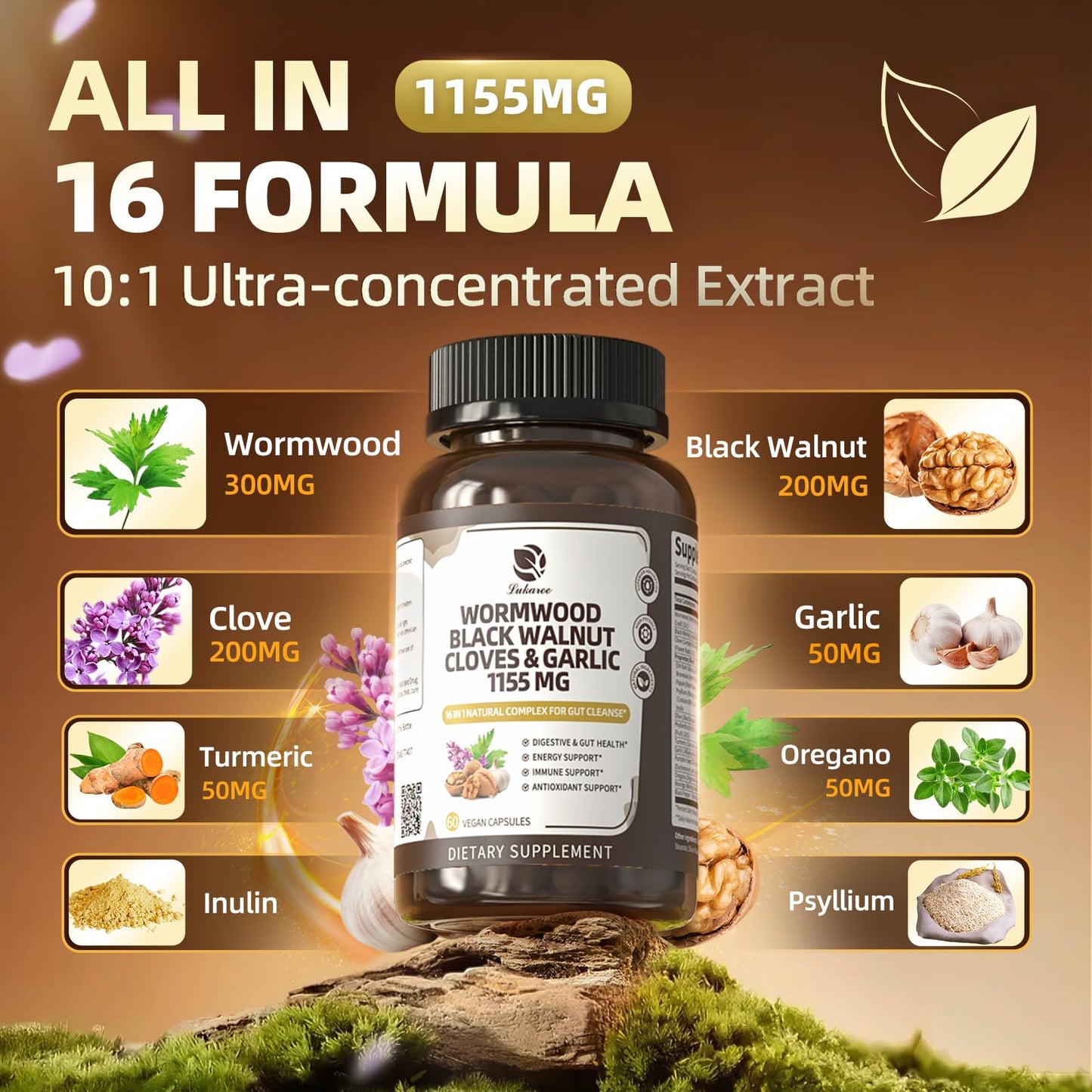 Lukaree 16-in-1 Wormwood Black Walnut Clove Cleanse for Humans – Natural Gut Detox & Digestive Health with Pumpkin Seeds Garlic Oregano Turmeric, Liposomal Tech